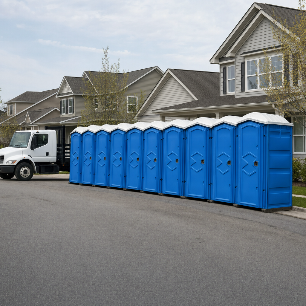 Royal blue portable toilets staged in a tidy row at a Seattle jobsite, ready for delivery