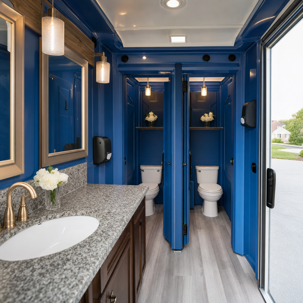 Interior of a luxury restroom trailer with porcelain china bowls flushing toilets granite vanity countertops and warm pendant lighting